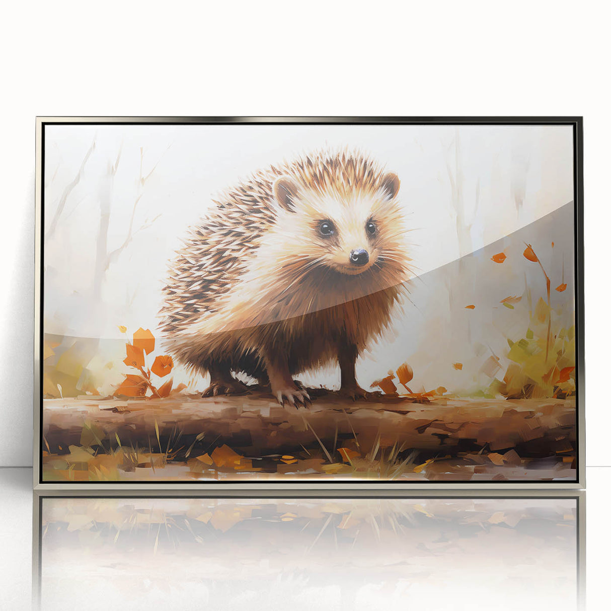 Framed acrylic wall art showcasing a hedgehog design, featuring intricate details and a silver frame, ideal for wildlife enthusiasts and modern decor.