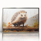 Framed acrylic wall art showcasing a hedgehog design, featuring intricate details and a silver frame, ideal for wildlife enthusiasts and modern decor.