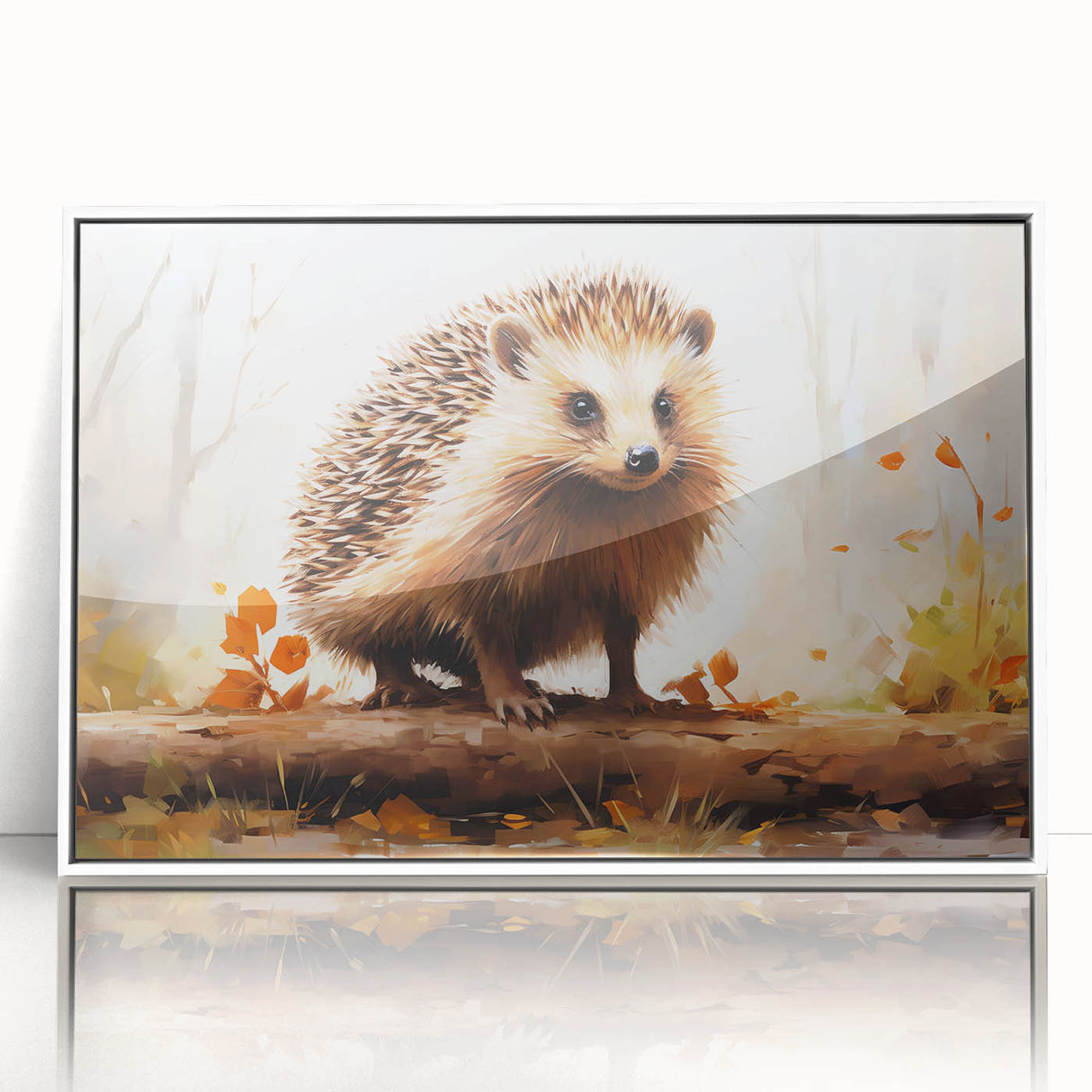 Framed wall art featuring a detailed hedgehog design with vibrant colors on a white background, perfect for nature lovers and home decor enthusiasts.