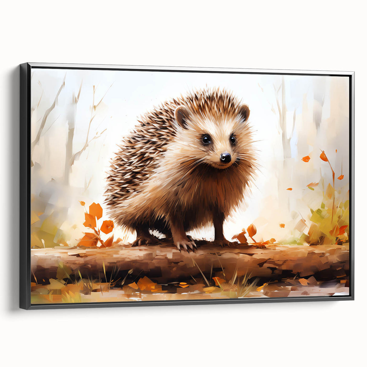 Framed canvas wall art showcasing a black hedgehog design, side view, perfect for animal lovers and home decor enthusiasts. Ideal for adding a unique touch to any room.