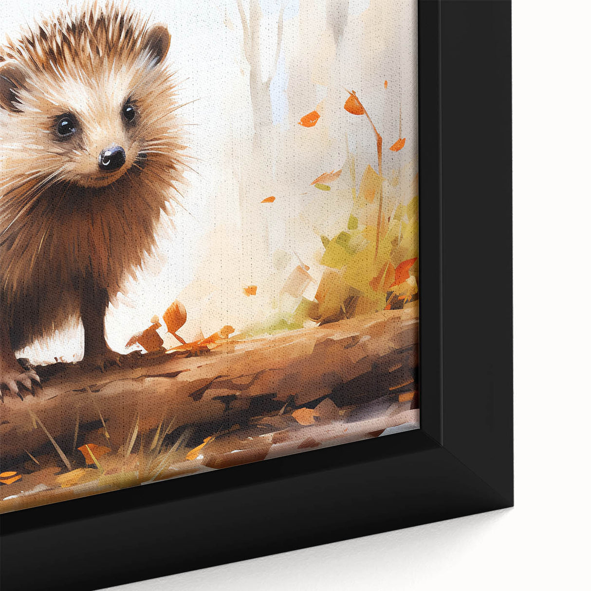 Close-up of a framed canvas wall art featuring a beautifully detailed hedgehog design from the 'Animals A Wild Life' collection, showcasing vibrant colors and intricate textures. This piece adds a whimsical touch to home decor, perfect for animal lovers and nature enthusiasts.
