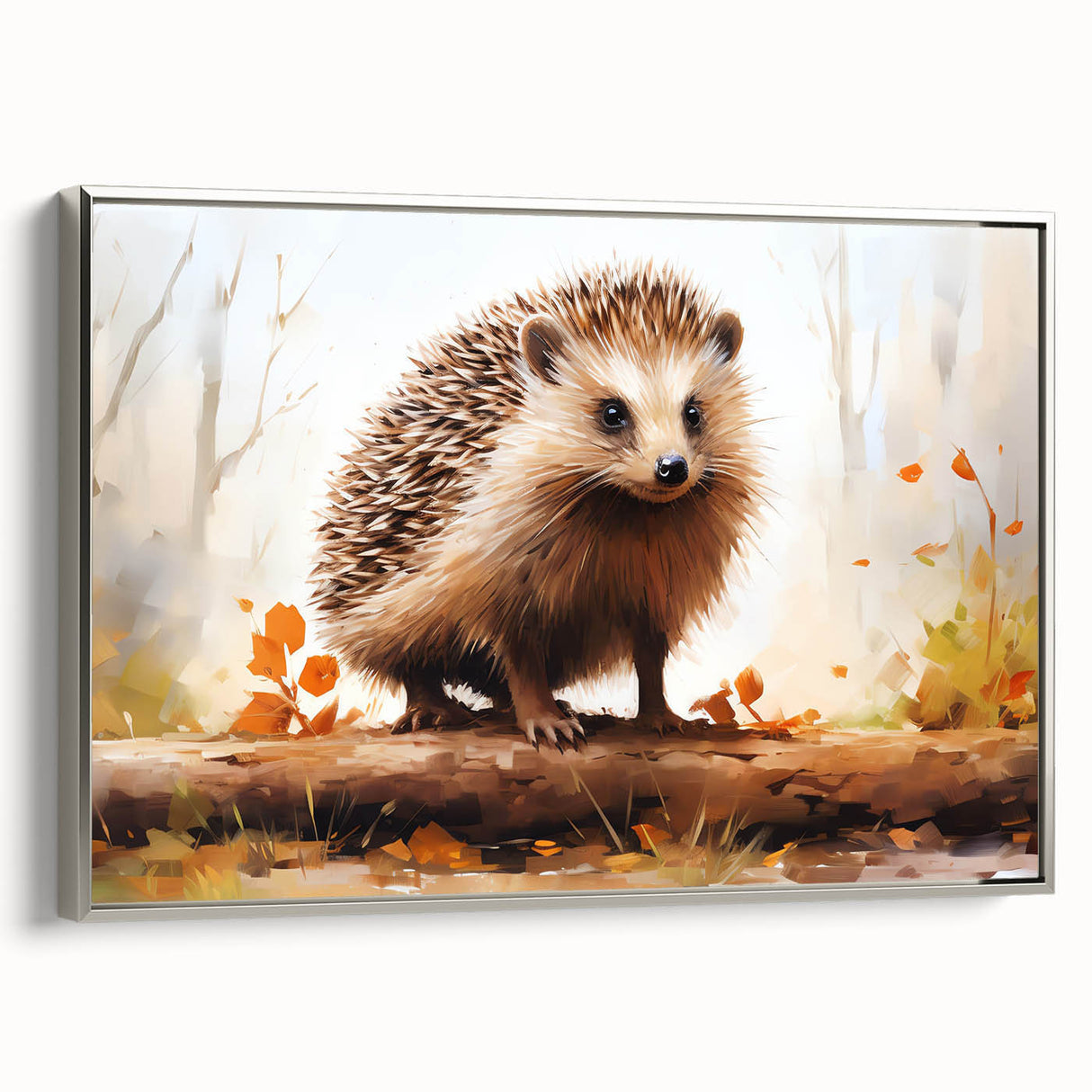 Framed wall art featuring a silver hedgehog design, showcasing intricate details and textures, perfect for animal lovers and modern home decor enthusiasts.