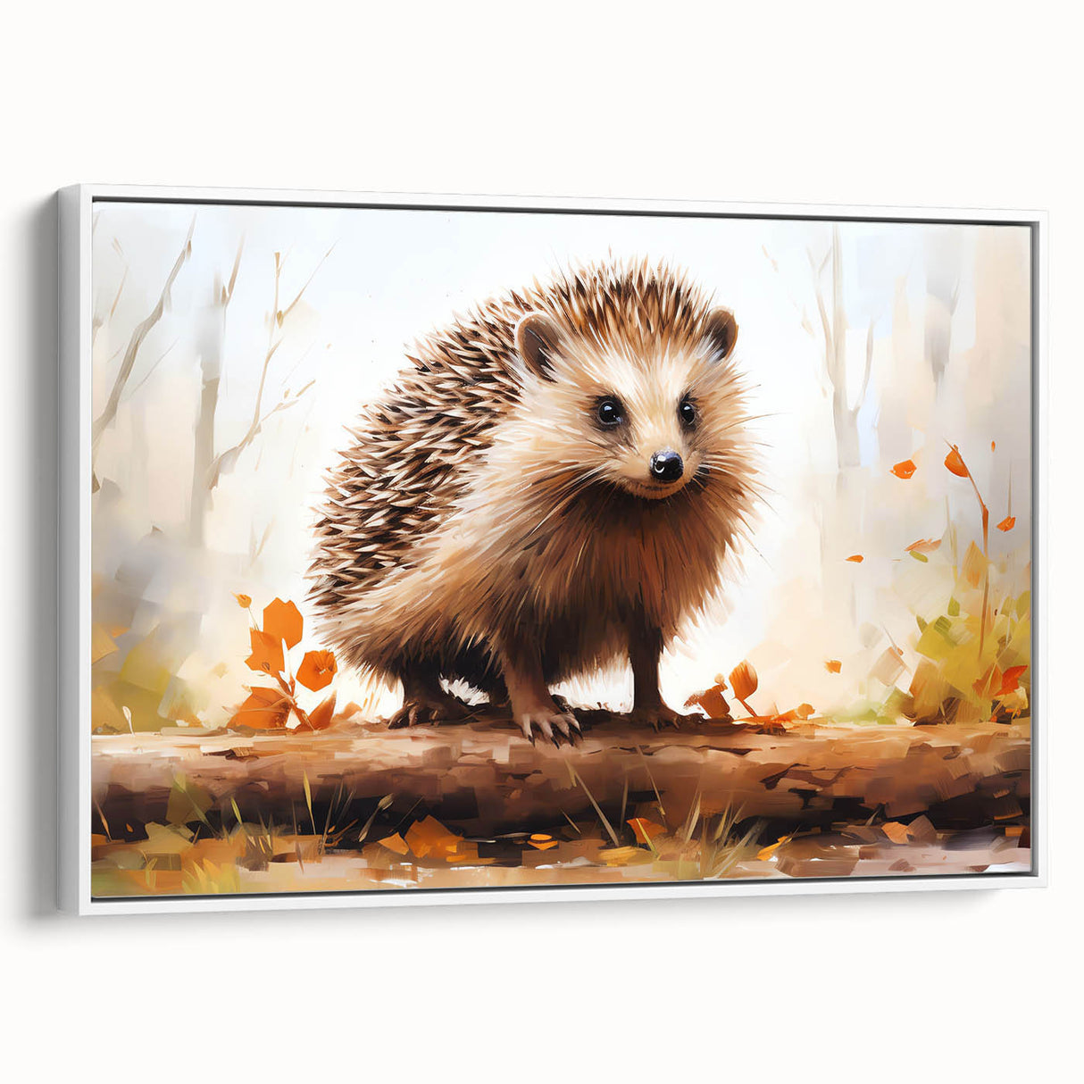 Framed canvas wall art featuring a detailed hedgehog design, showcasing its textured fur and natural colors, set against a clean white background for a modern decor style.