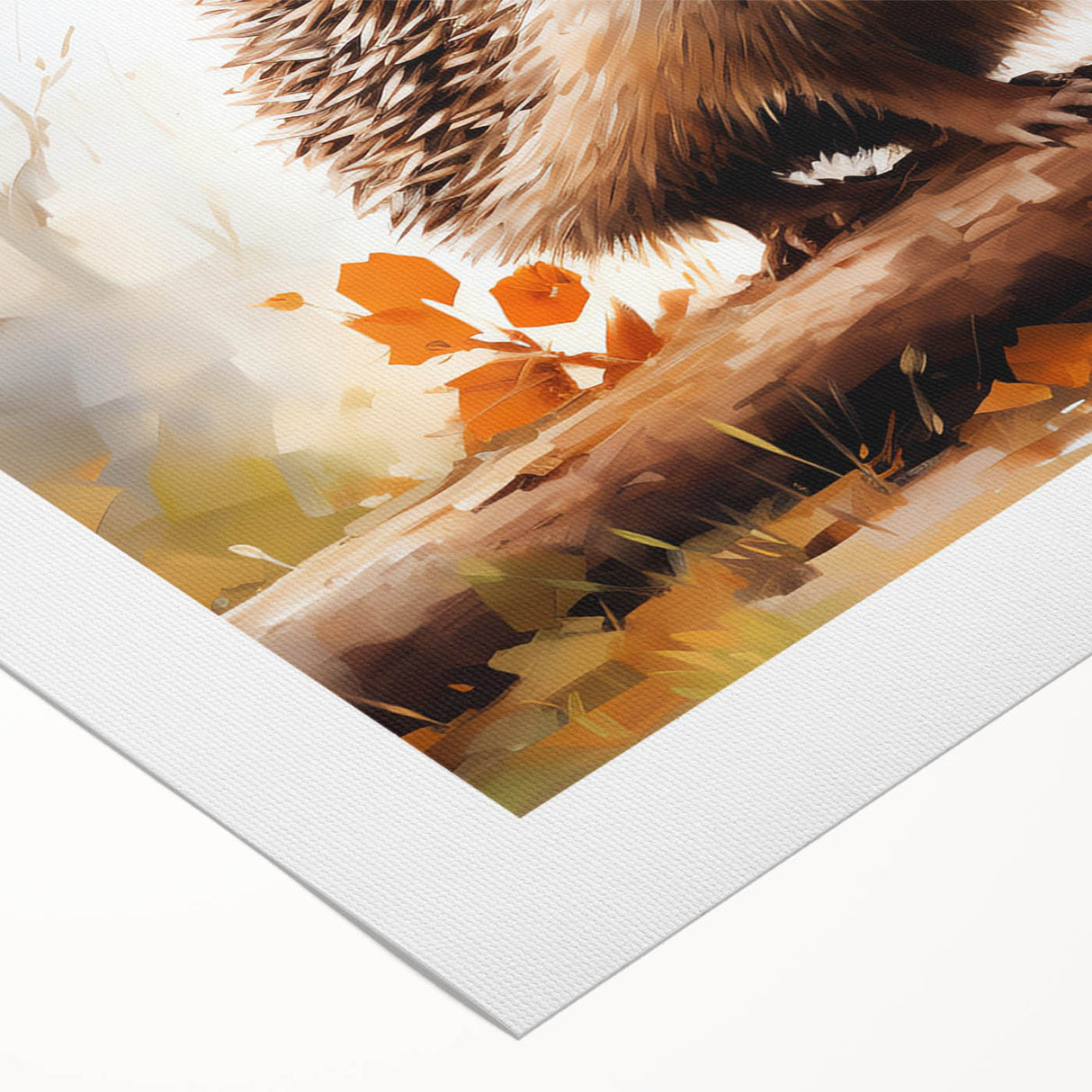 Hedgehog wall art design on rolled canvas, showcasing intricate details and vibrant colors, ideal for nature enthusiasts and home decor lovers.