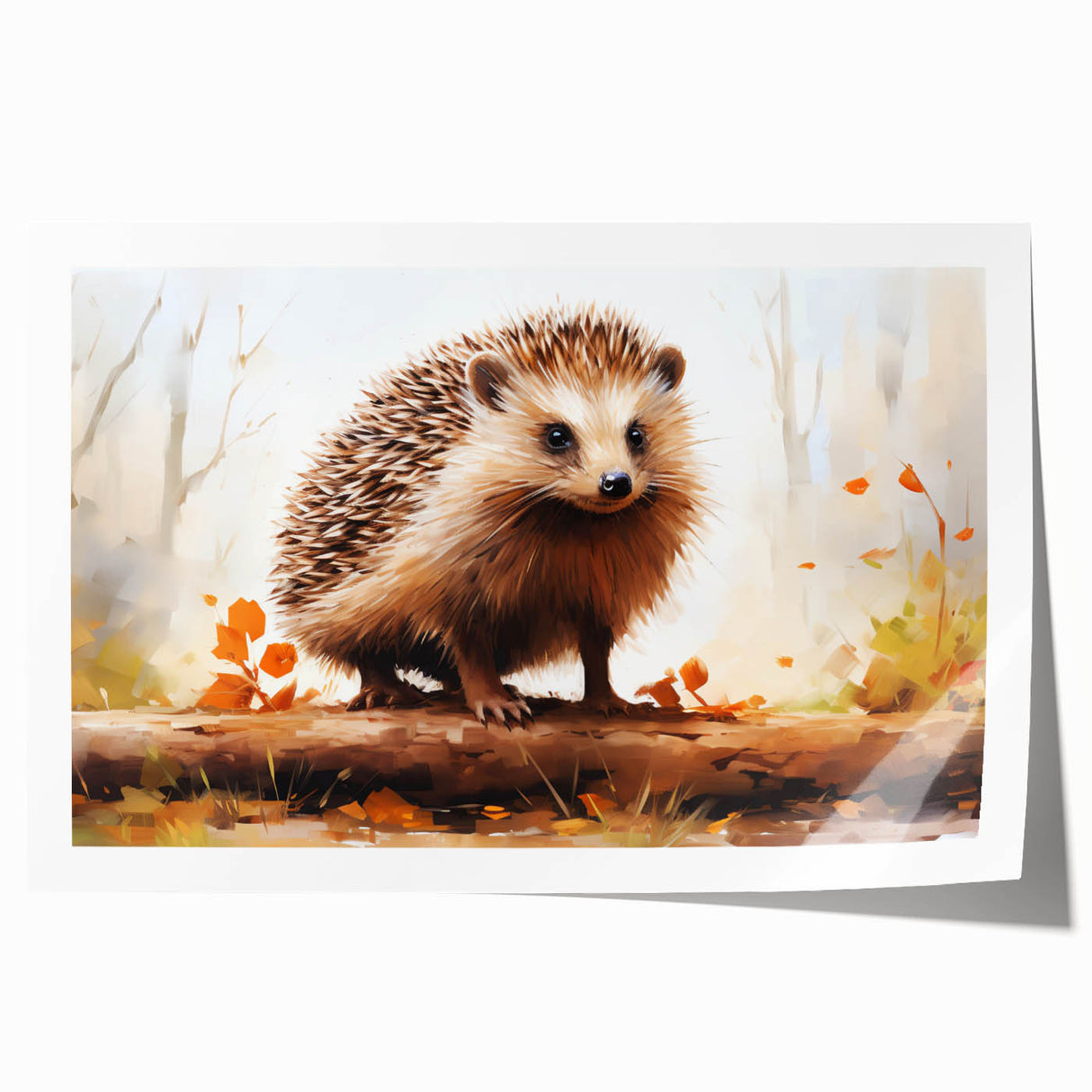 Hedgehog-themed wall art print featuring a whimsical design with vibrant colors, ideal for animal lovers and home decor enthusiasts. Rolled and ready for framing.