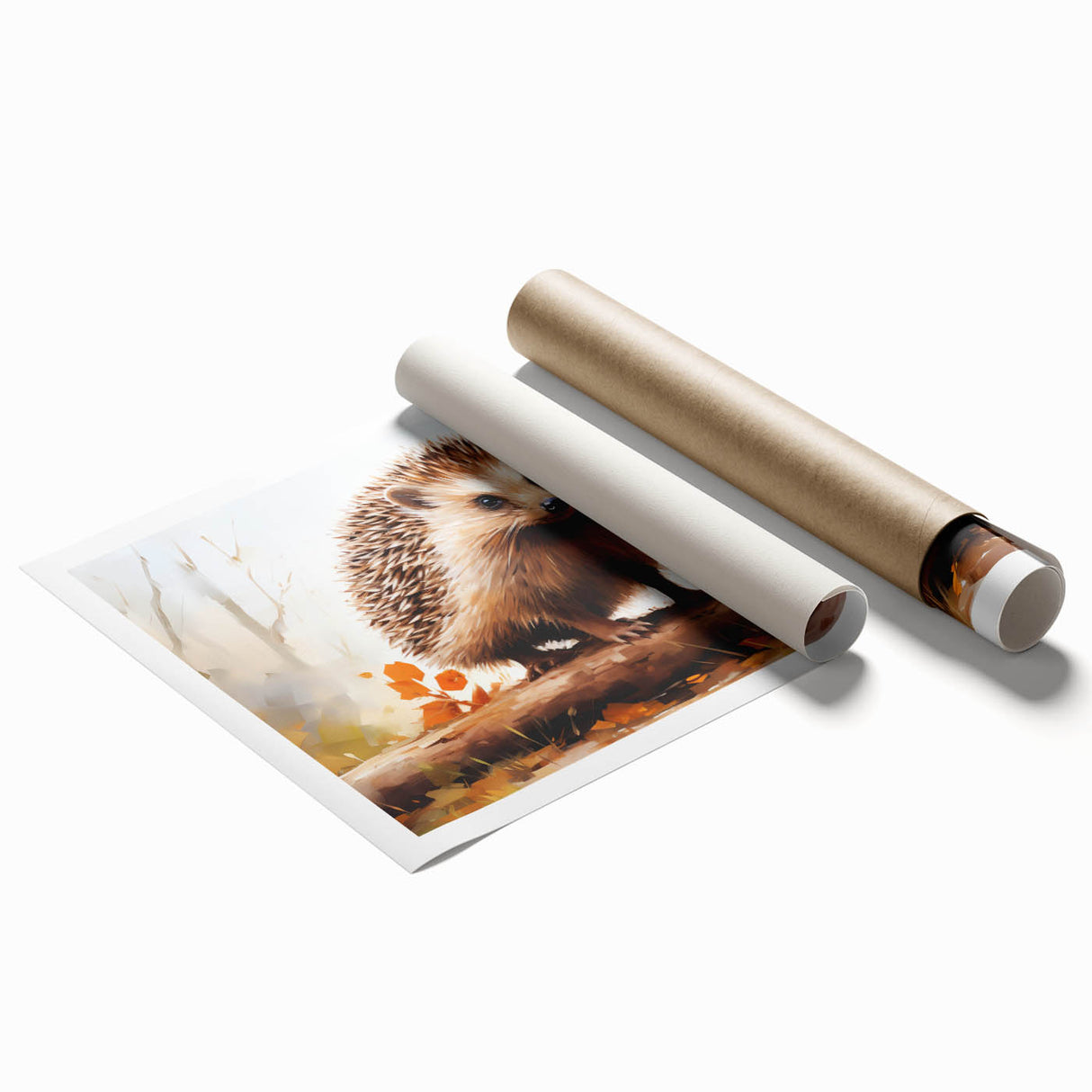 Hedgehog wall art print showcasing a whimsical design in vibrant colors, rolled and ready for display, perfect for animal lovers and home decor enthusiasts.