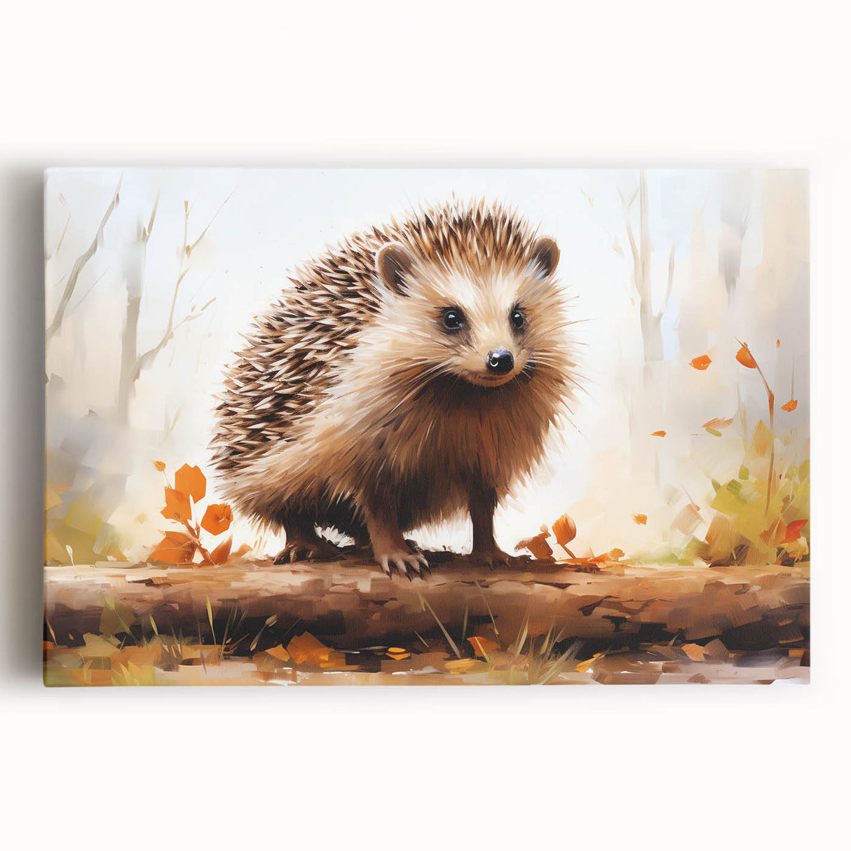 Charming hedgehog wall art design on stretched canvas, showcasing vibrant colors and intricate details, perfect for animal lovers and home decor enthusiasts.