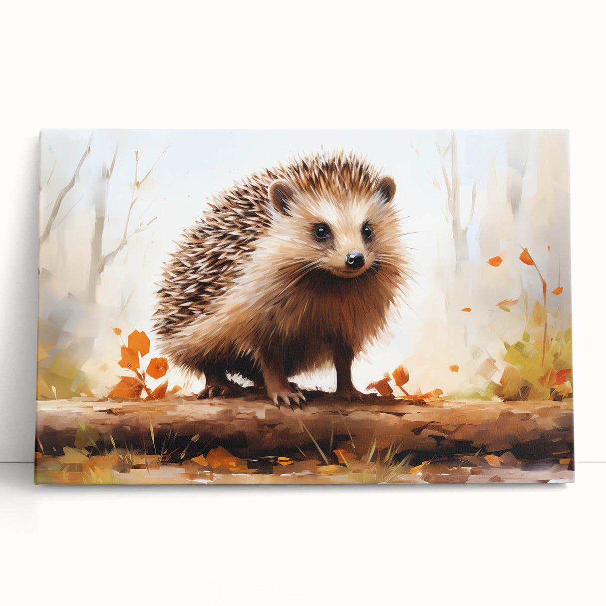 Stretched canvas wall art showcasing a whimsical hedgehog design, featuring vibrant colors and intricate details, perfect for animal lovers’ home decor.