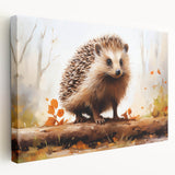 Hedgehog wall art design on stretched canvas showcases a side view of a cute, spiky hedgehog in natural colors, perfect for animal lovers and home decor.