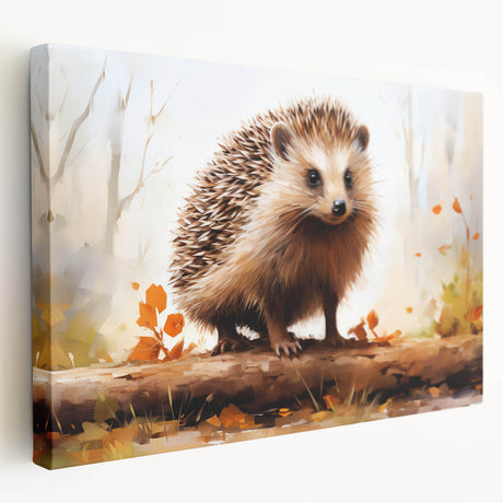 Hedgehog wall art design on stretched canvas showcases a side view of a cute, spiky hedgehog in natural colors, perfect for animal lovers and home decor.