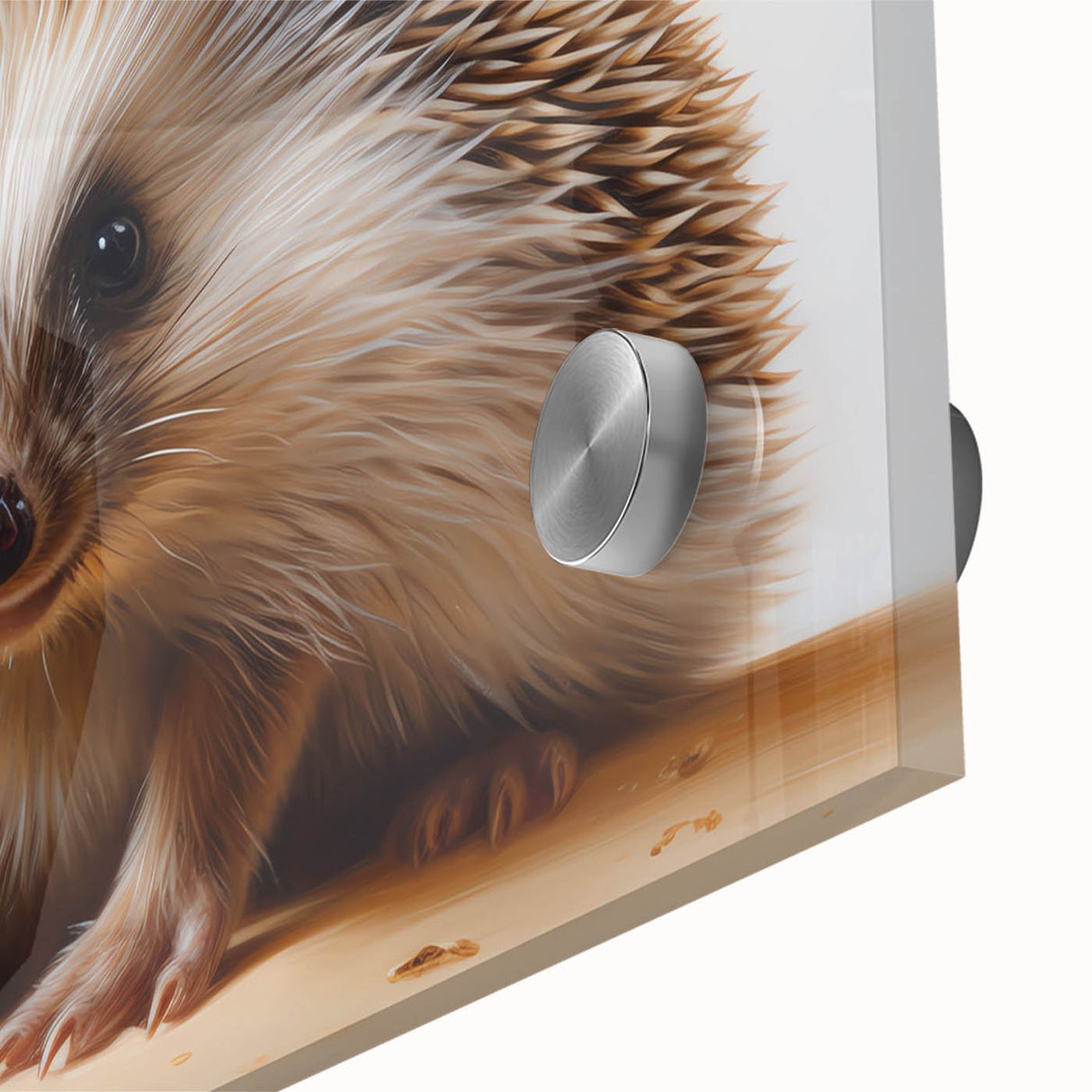 Close-up of a vibrant hedgehog wall art design, featuring intricate details and rich colors, showcased on acrylic glass, perfect for animal lovers' decor.