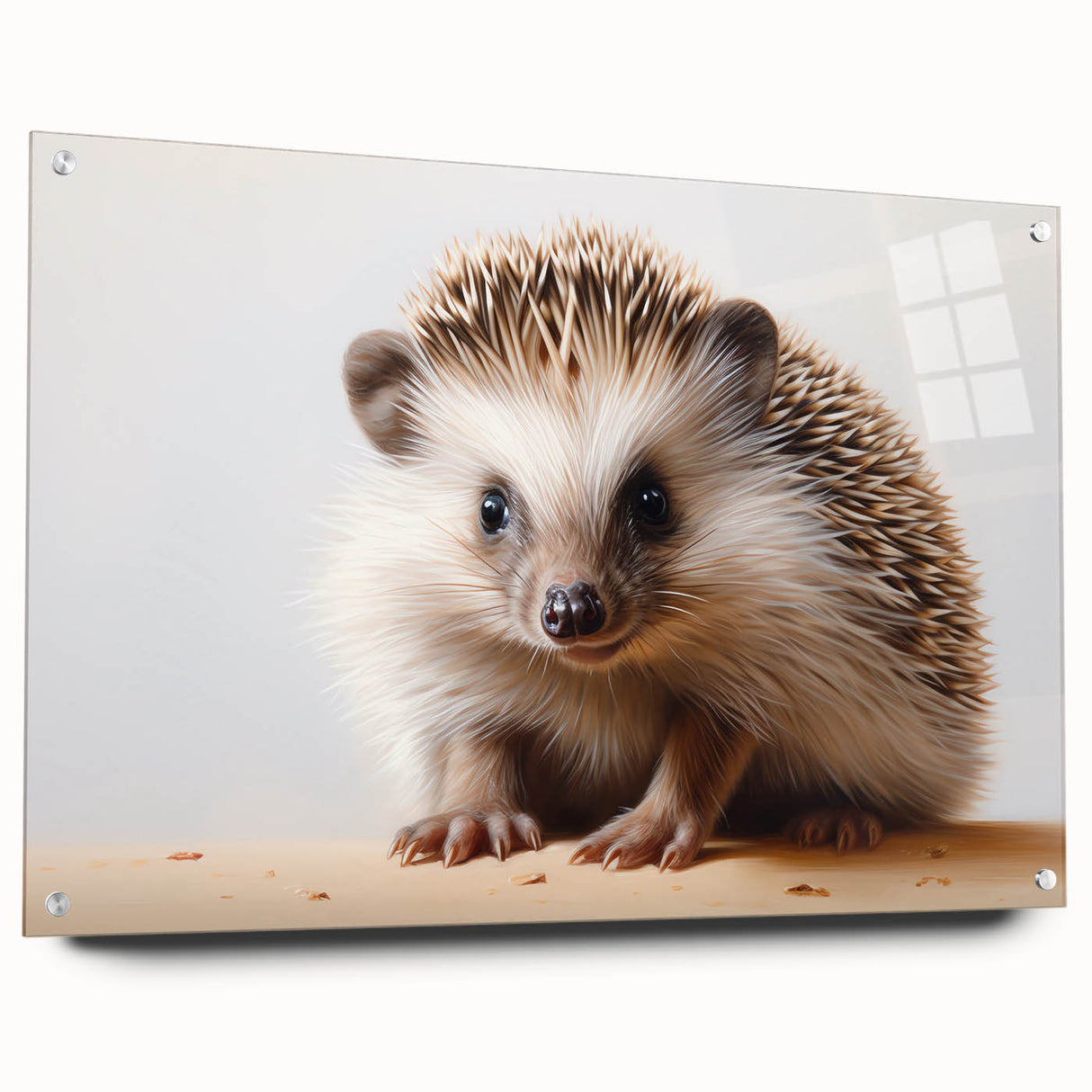 Hedgehog design wall art collection displayed in an acrylic glass frame, showcasing intricate details and vibrant colors, ideal for modern home decor.
