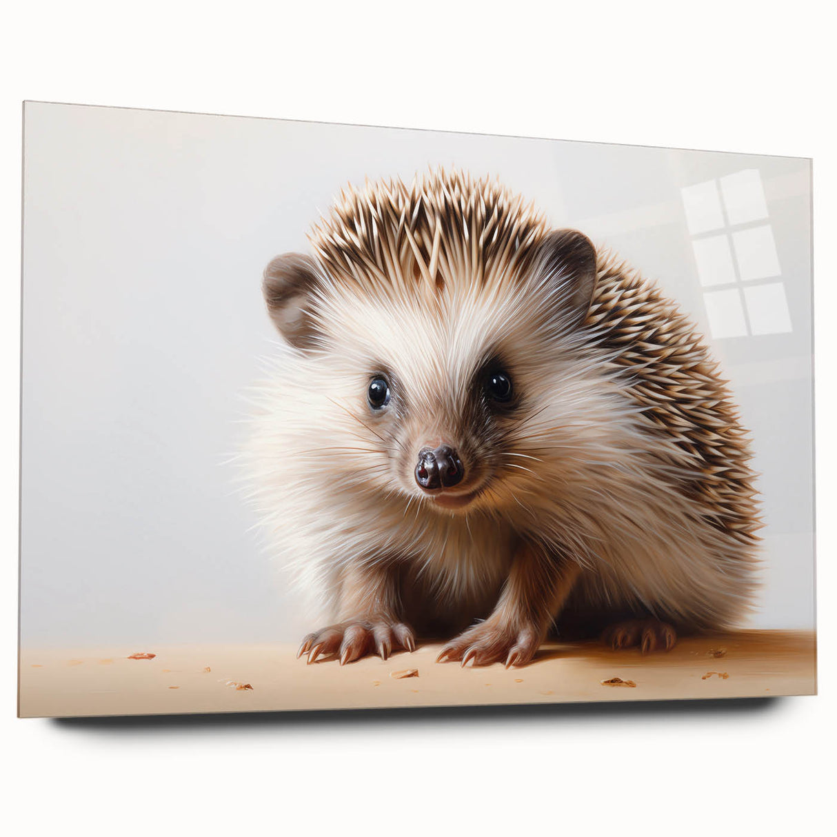 Close-up of a hedgehog wall art design in acrylic glass, showcasing a detailed side view of the animal with vibrant colors, ideal for wildlife decor enthusiasts.