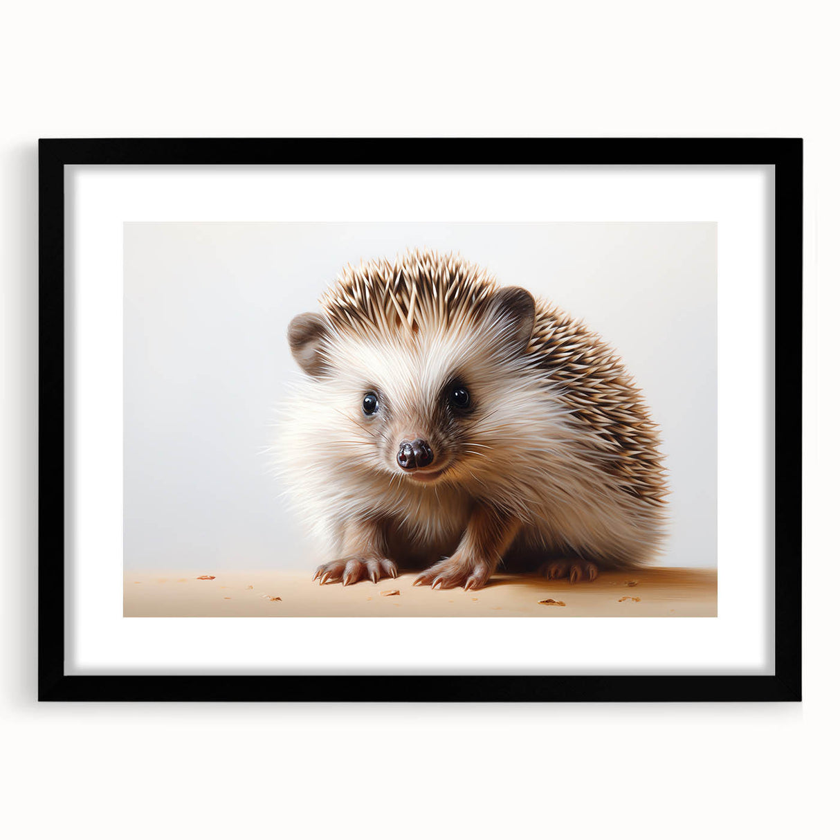 Hedgehog-themed wall art framed in black, showcasing intricate wildlife design with a mat for added elegance, perfect for nature lovers' decor.