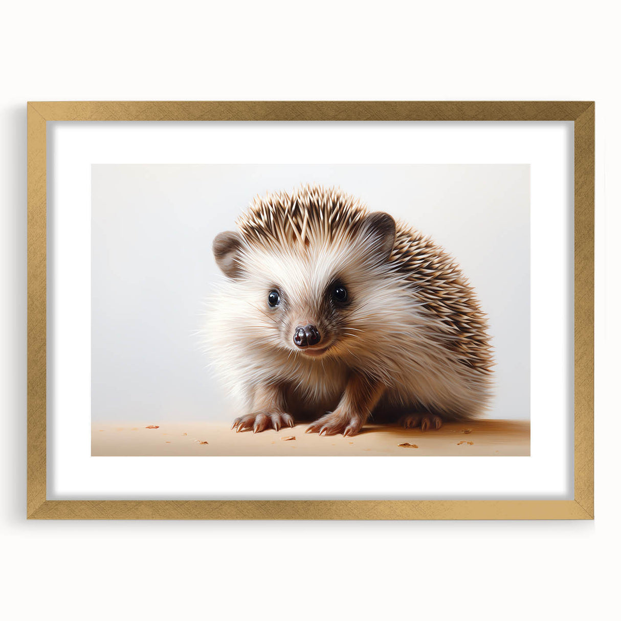 Hedgehog wall art design framed in gold, showcasing intricate details and vibrant colors; perfect for adding a whimsical touch to nature-themed decor.