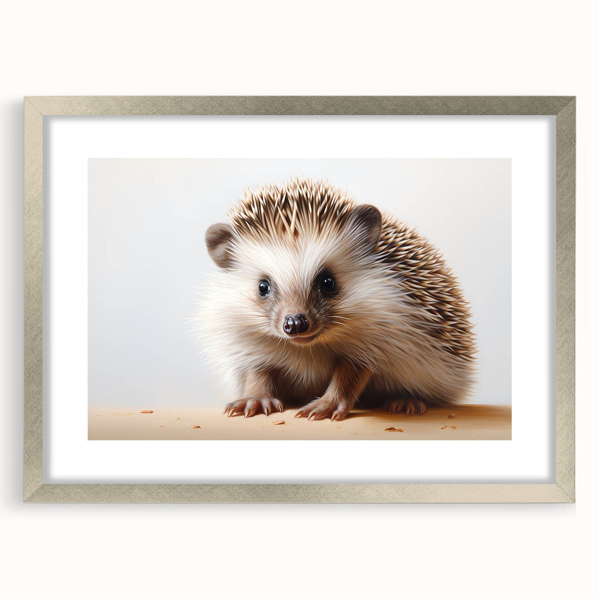 Hedgehog wall art design featuring a silver frame and mat, showcasing a charming wildlife illustration perfect for home decor enthusiasts. Ideal for nature lovers.