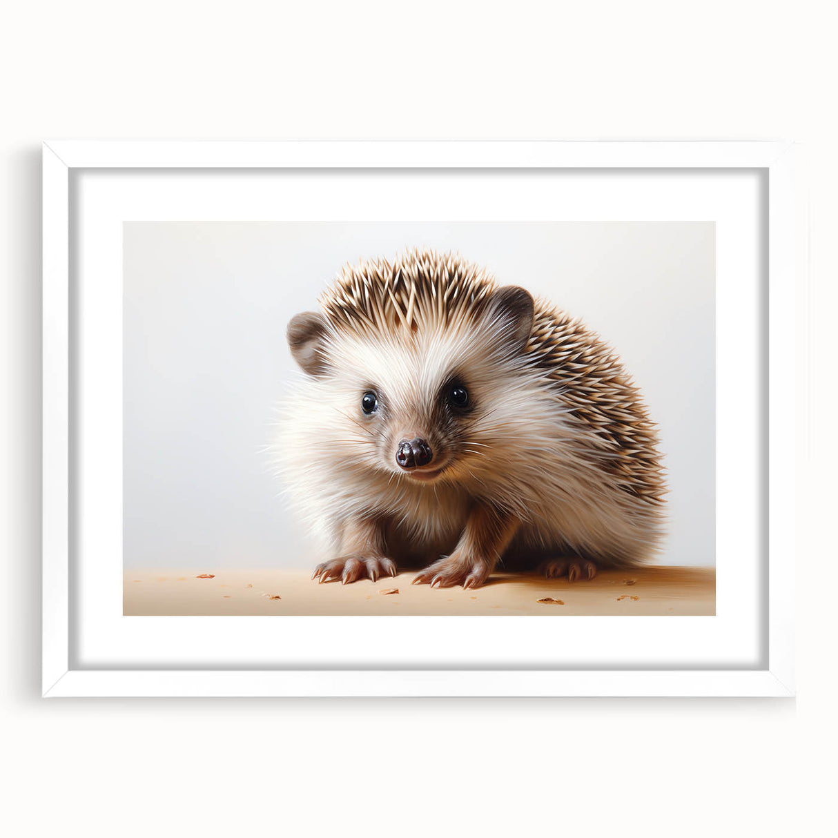 White-framed wall art featuring a charming hedgehog design from the "Animals A Wild Life" collection, set against a neutral background, ideal for nature lovers.