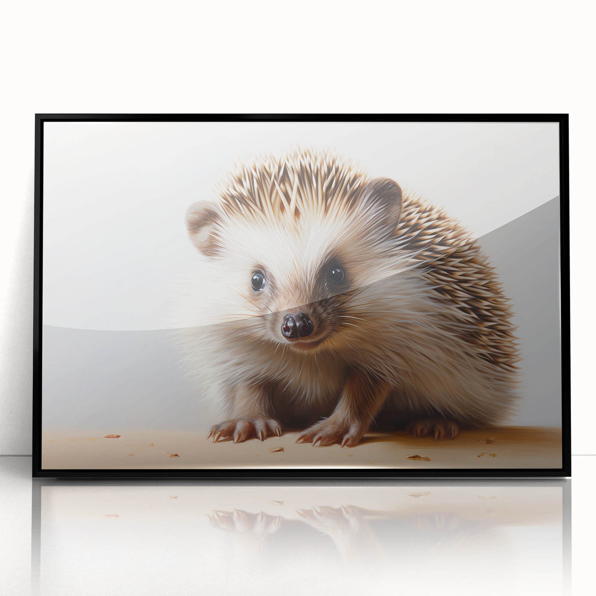 Framed acrylic wall art featuring a hedgehog design, showcasing a black frame and vibrant colors, perfect for animal lovers and home decor enthusiasts.