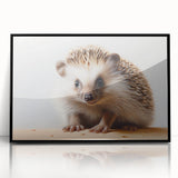Framed acrylic wall art featuring a hedgehog design, showcasing a black frame and vibrant colors, perfect for animal lovers and home decor enthusiasts.
