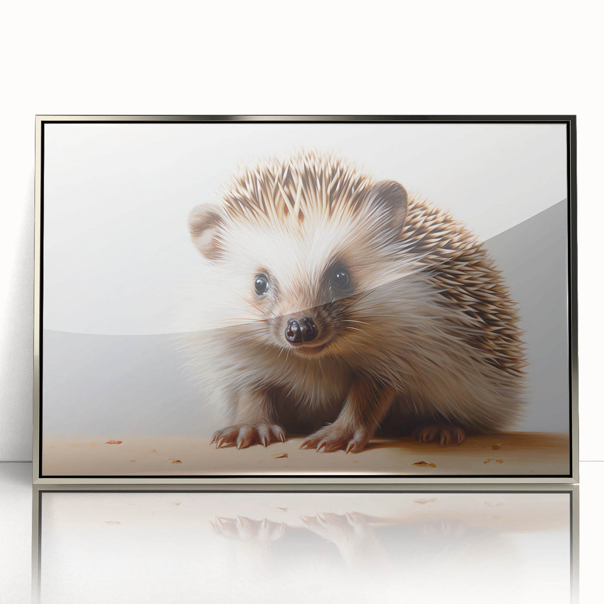 Framed wall art featuring a detailed hedgehog design in a wild-life theme, with a sleek silver frame and acrylic finish, ideal for animal lovers' decor.