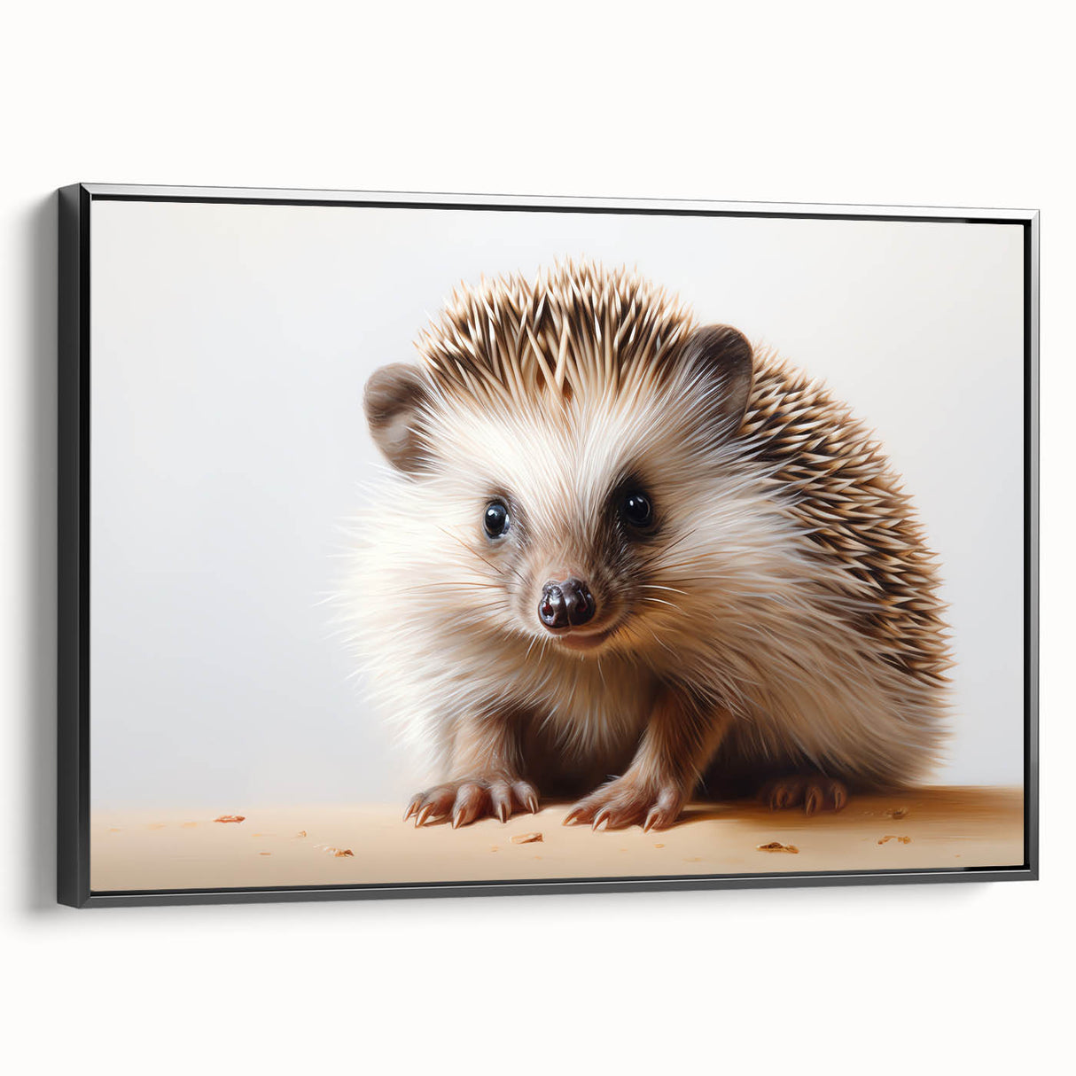 Framed canvas wall art featuring a side view of a hedgehog design, showcasing intricate details and a black frame, perfect for animal lovers' home decor.