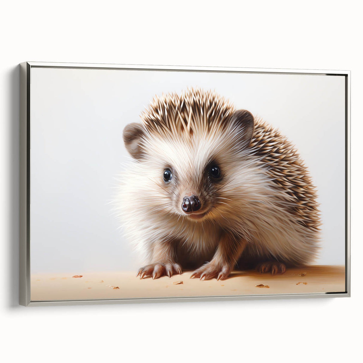 Framed canvas wall art featuring a detailed silver hedgehog design, showcasing intricate textures and a side view, perfect for animal lovers and modern decor.