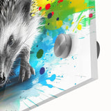 Close-up of a vibrant hedgehog wall art design on acrylic glass, showcasing intricate details and colors, perfect for animal lovers and home décor enthusiasts.