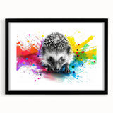 Black-framed wall art showcasing a detailed hedgehog illustration, part of a wildlife collection, ideal for nature-themed decor in homes or offices.