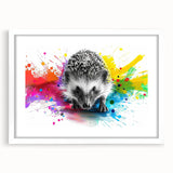 Hedgehog-themed wall art design framed in white, showcasing intricate wildlife details, perfect for nature lovers and home decor enthusiasts. Ideal for adding a whimsical touch to any space.