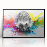 Framed wall art featuring a detailed hedgehog design in a black acrylic frame, showcasing intricate textures and vibrant colors against a neutral background, ideal for animal lovers.