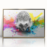 Framed wall art featuring a detailed hedgehog design with gold accents, showcasing a vibrant, colorful illustration against a textured background, perfect for wildlife enthusiasts.