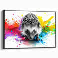Black-framed canvas art showcasing a detailed hedgehog illustration in a wild life theme, perfect for animal lovers and home decor enthusiasts. The design features intricate textures and earthy tones, enhancing any living space with a touch of nature-inspired elegance.
