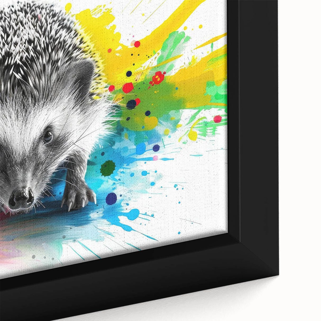 Close-up view of a framed canvas wall art featuring a detailed hedgehog design, showcasing intricate textures and vibrant colors, ideal for animal lovers and home decor.