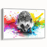Framed canvas wall art featuring a side view of a cute hedgehog design in a minimalist white frame, perfect for animal lovers and home decor enthusiasts.