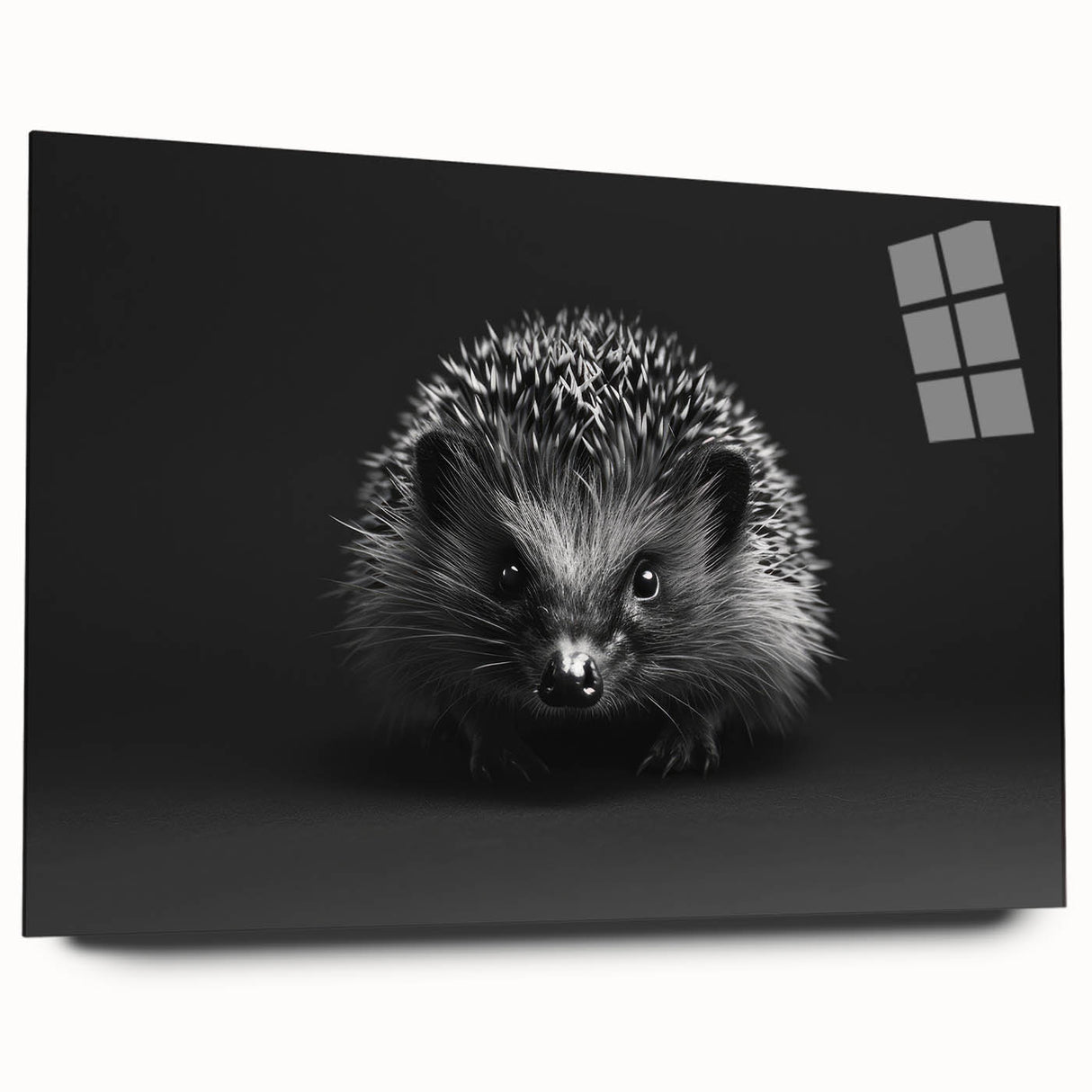 Side view of a hedgehog wall art design printed on acrylic glass, showcasing intricate details and vibrant colors, ideal for wildlife-themed decor.