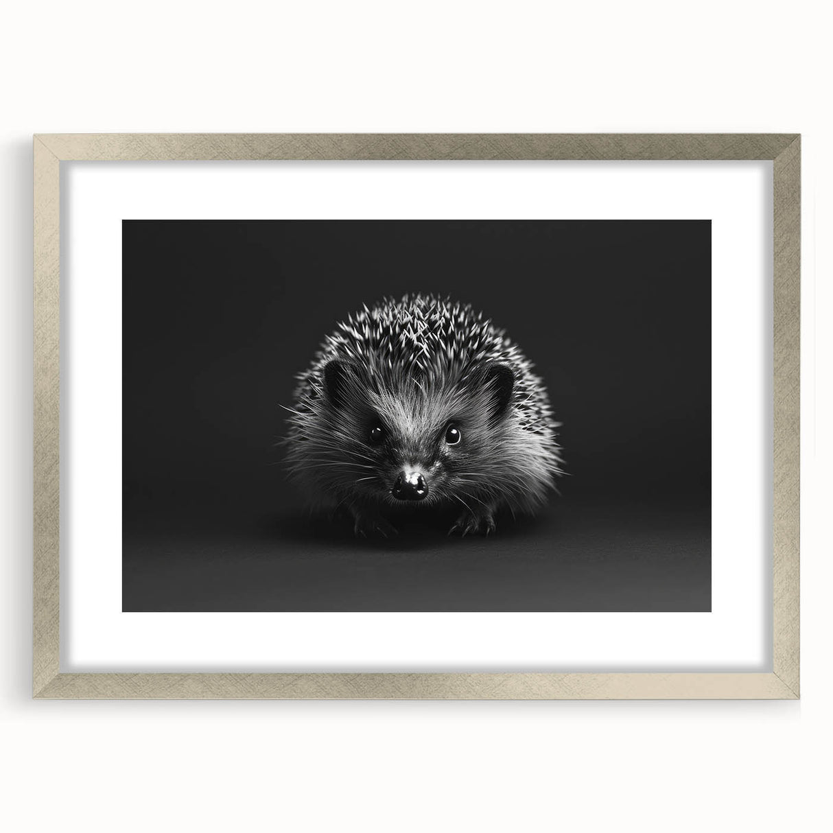 Hedgehog wall art design displayed in a silver frame with matting, showcasing a whimsical nature theme perfect for animal lovers, enhancing home decor with charm.