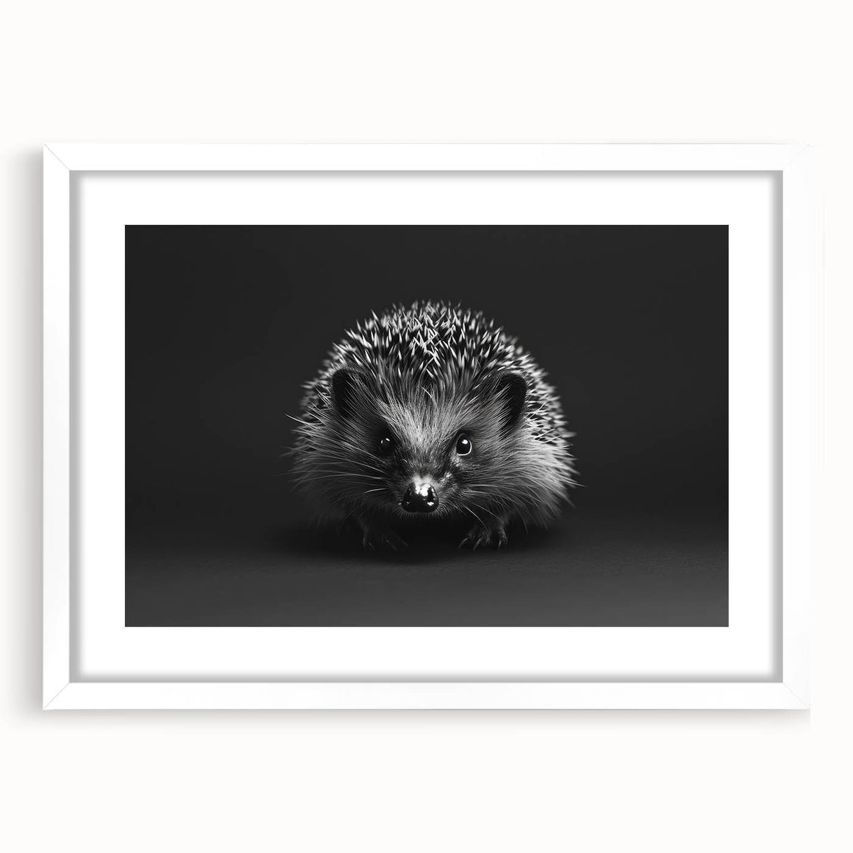 Hedgehog wall art design featuring a charming illustration of a hedgehog in a natural setting, framed with a white mat, ideal for animal lovers' decor.