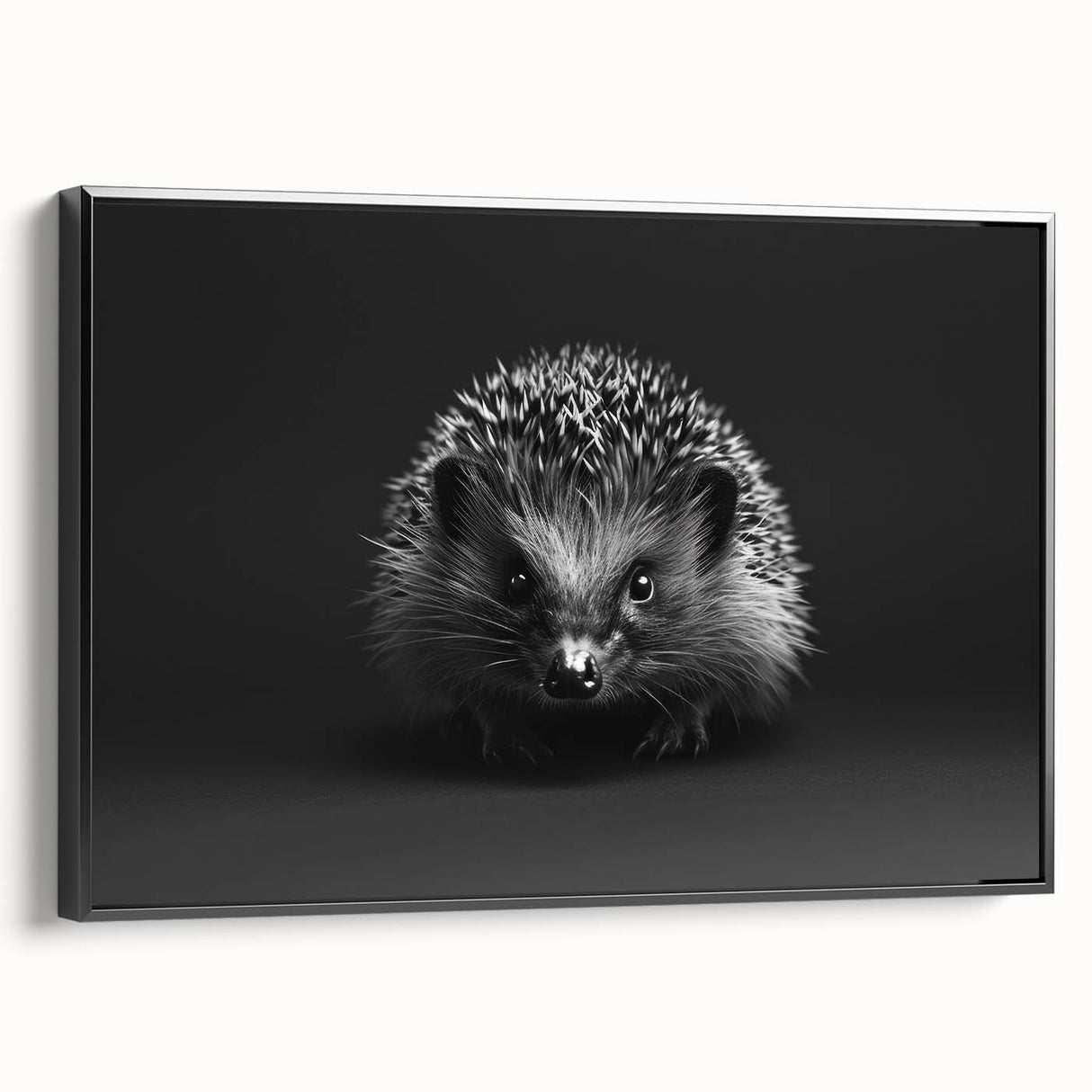 Framed canvas wall art showcasing a side view of a hedgehog design, featuring intricate details and a black background, perfect for nature lovers.