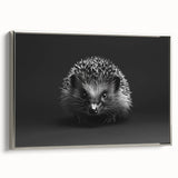 Framed wall art featuring a silver hedgehog design in profile view, showcasing intricate details and textures, ideal for animal-themed decor and modern interiors.