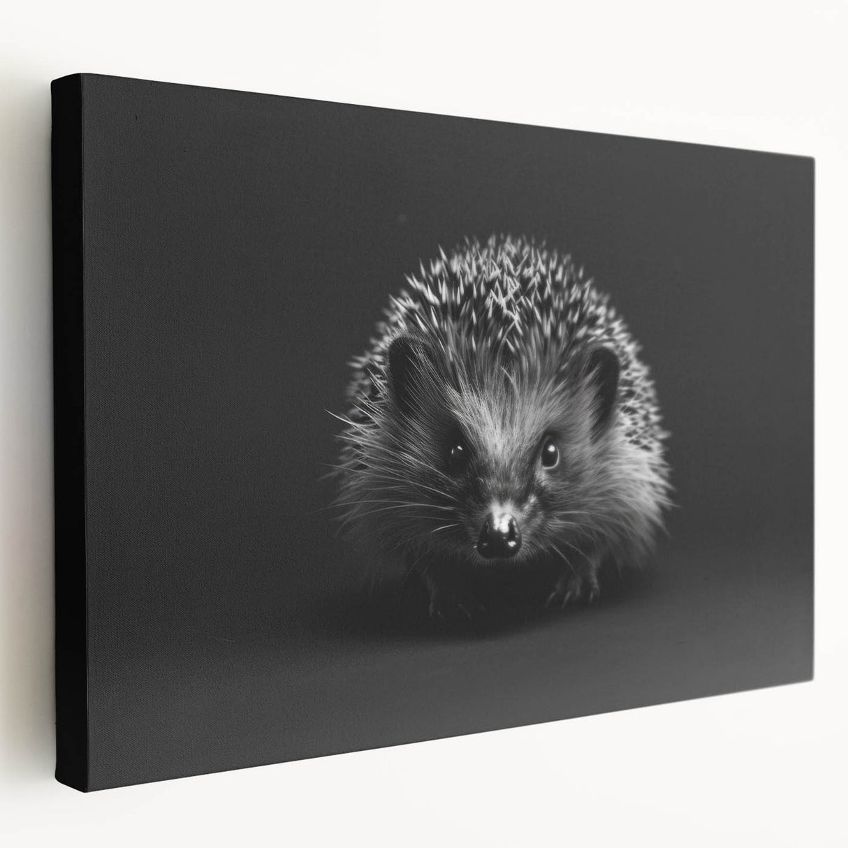 Hedgehog wall art design on stretched canvas, showcasing a detailed side view of the cute animal with earthy tones, perfect for nature-themed decor.