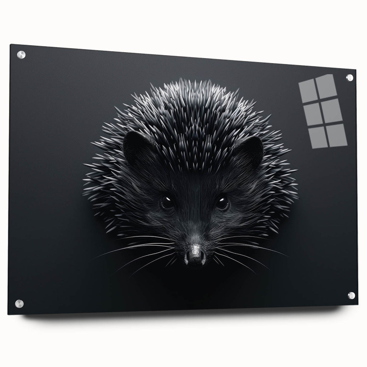 Side view of a hedgehog design wall art piece, showcasing intricate details and vibrant colors, mounted on acrylic glass with pins, ideal for wildlife decor.