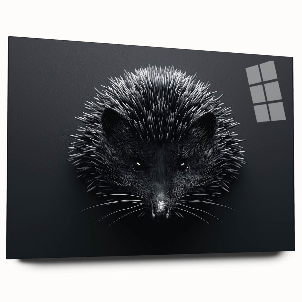 Hedgehog-themed wall art design displayed in a sleek acrylic glass frame, showcasing vibrant colors and intricate details, perfect for animal lovers.