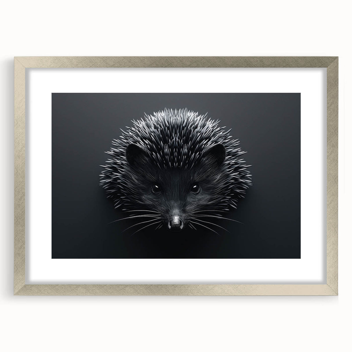 Hedgehog-themed wall art design in a silver frame with matting, showcasing a whimsical illustration of a hedgehog against a light background, perfect for animal lovers.