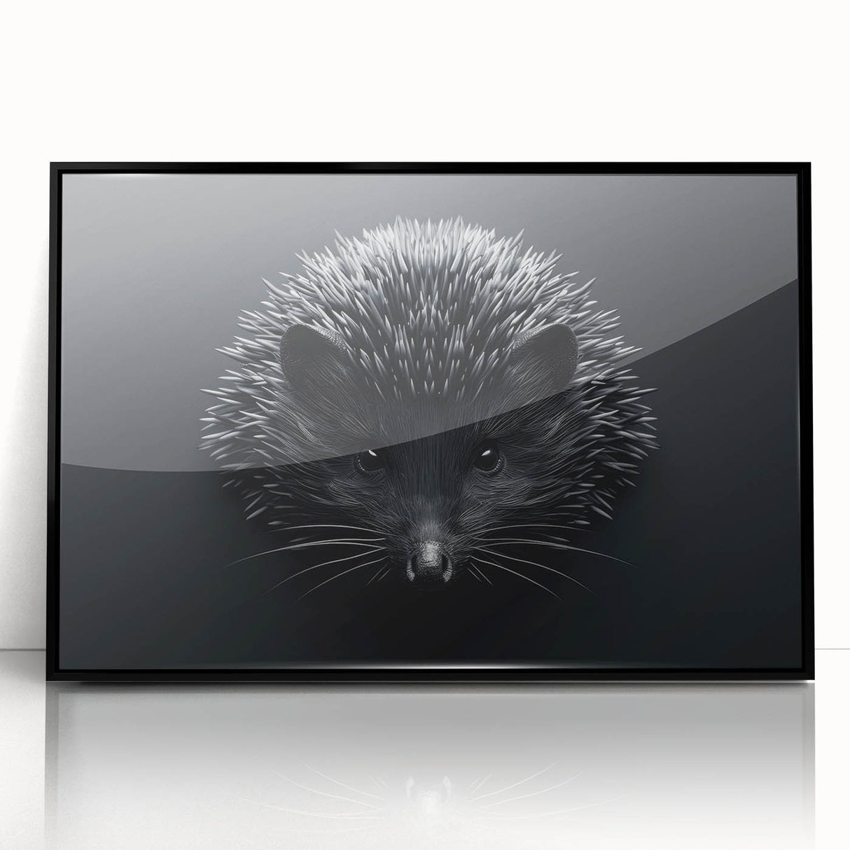 Framed wall art featuring a detailed hedgehog design in a black frame, showcasing intricate line work and vibrant colors, perfect for wildlife enthusiasts.