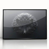 Framed wall art featuring a detailed hedgehog design in a black frame, showcasing intricate line work and vibrant colors, perfect for wildlife enthusiasts.