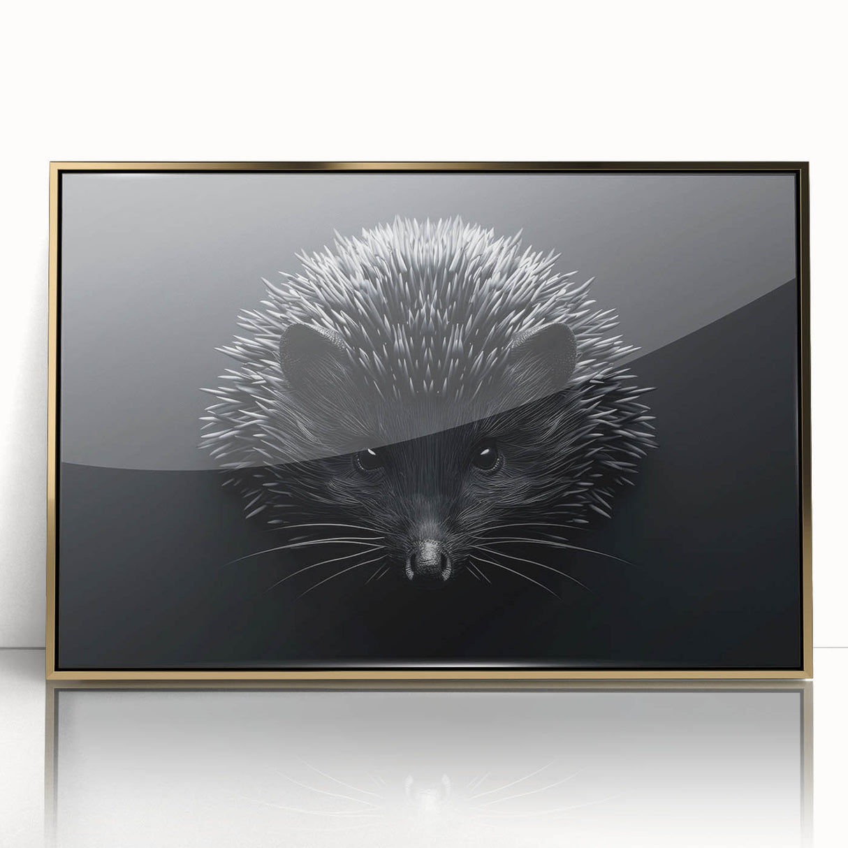 Framed wall art featuring a detailed hedgehog design, set against a gold-acrylic background, showcasing intricate textures and vibrant colors, perfect for wildlife enthusiasts.