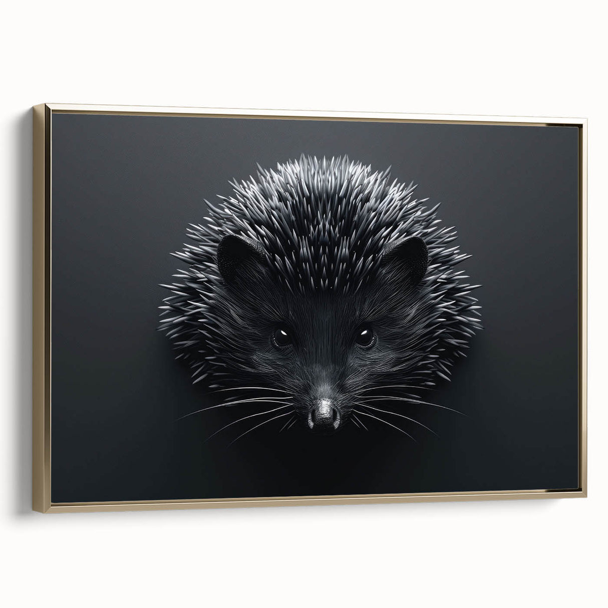 Framed wall art featuring a side view of a hedgehog design, showcasing intricate details in gold accents against a textured canvas background, ideal for animal lovers.