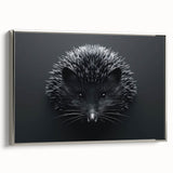 Framed wall art featuring a detailed silver side view of a hedgehog design, showcasing intricate textures and colors, perfect for wildlife enthusiasts and home decor.