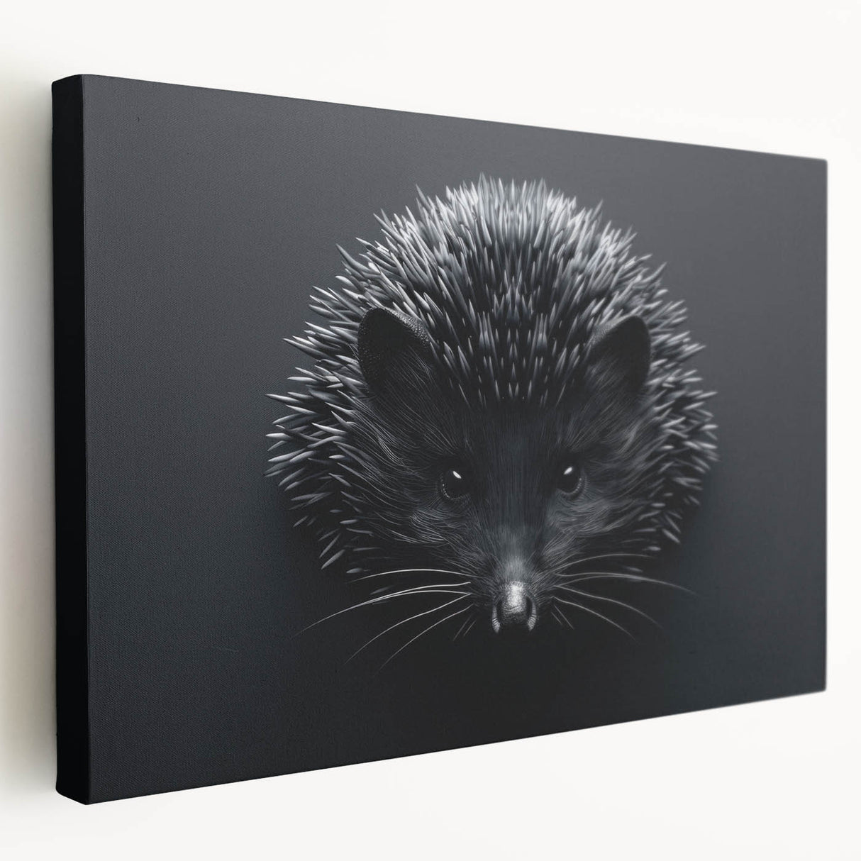 Side view of a stretched canvas depicting a whimsical hedgehog design, featuring vibrant colors and intricate details, perfect for animal lovers and home decor enthusiasts.