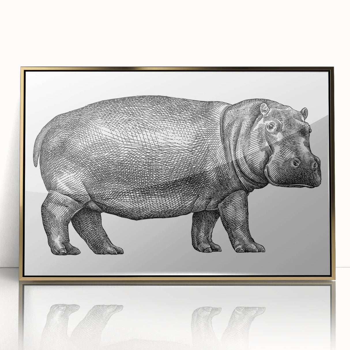 Framed wall art featuring a striking design of a hippopotamus in a golden acrylic finish, capturing the majestic animal's front view, perfect for wildlife enthusiasts.